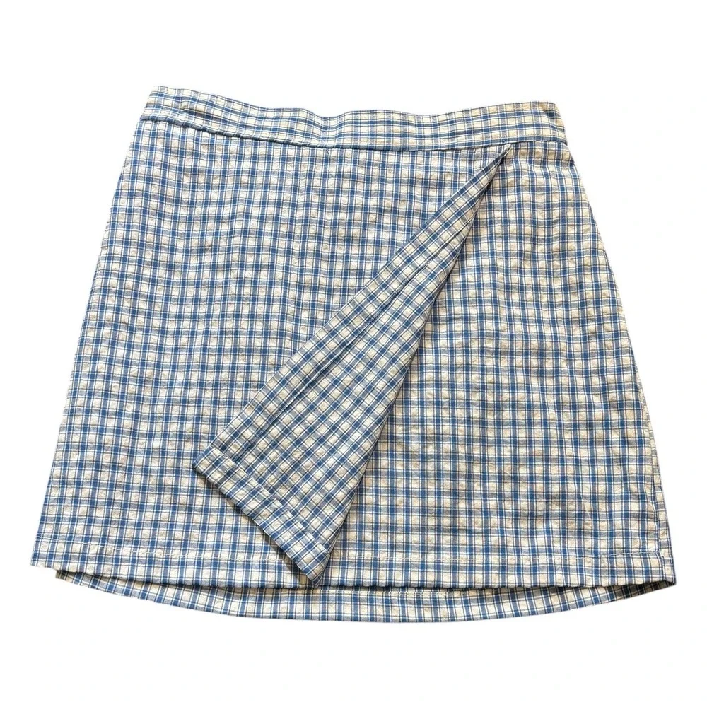 Max Studio London Blue White Gingham Plaid‎ Cottagecore Nautical Wrap Mini Skirt